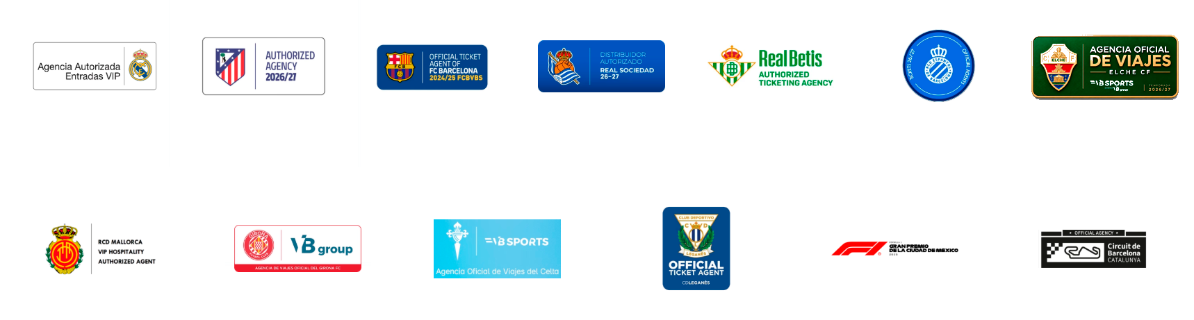 Real Madrid, FC Barcelona, Atlético de Madrid, Real Sociedad, Real Betis, RCD Espanyol, Elche CF, RCD Mallorca, Girona FC, RC Celta, CD Leganés, F1 Gran Premio de México, Circuit de Barcelona-Catalunya